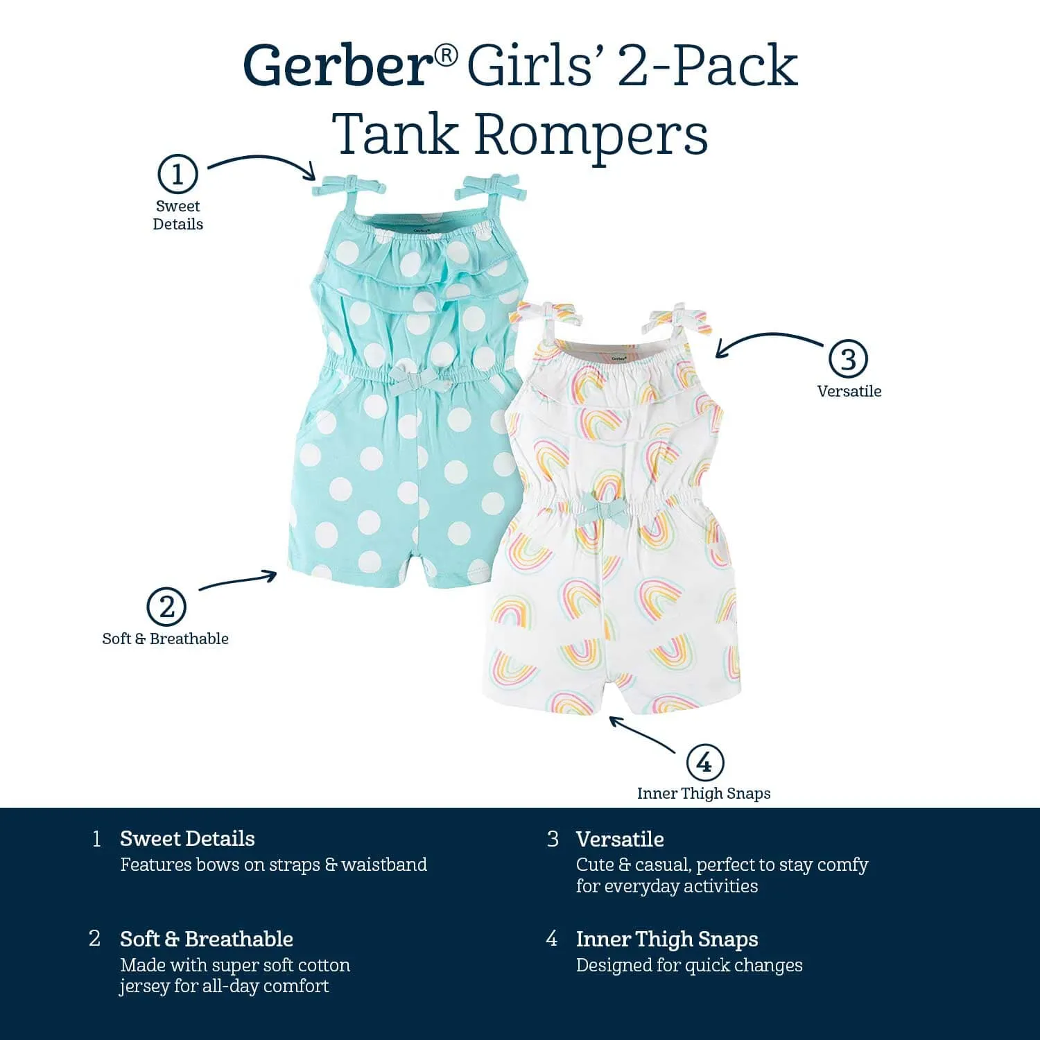 2-Pack Baby & Toddler Girls Dots Of Rainbows Tank Rompers