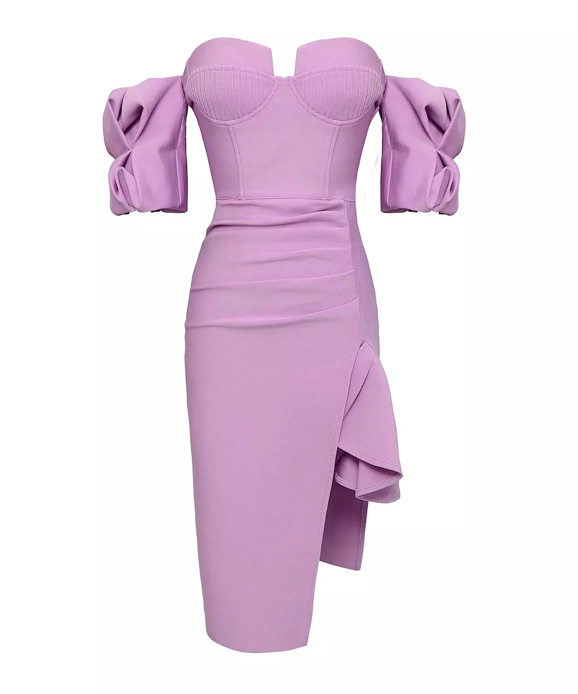 Asymmetrical Puffy Sleeve Midi Dress in Purple