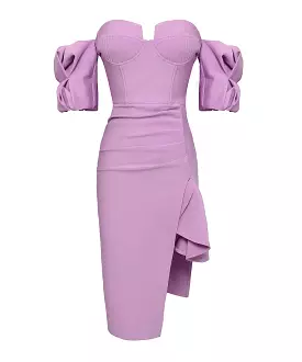 Asymmetrical Puffy Sleeve Midi Dress in Purple