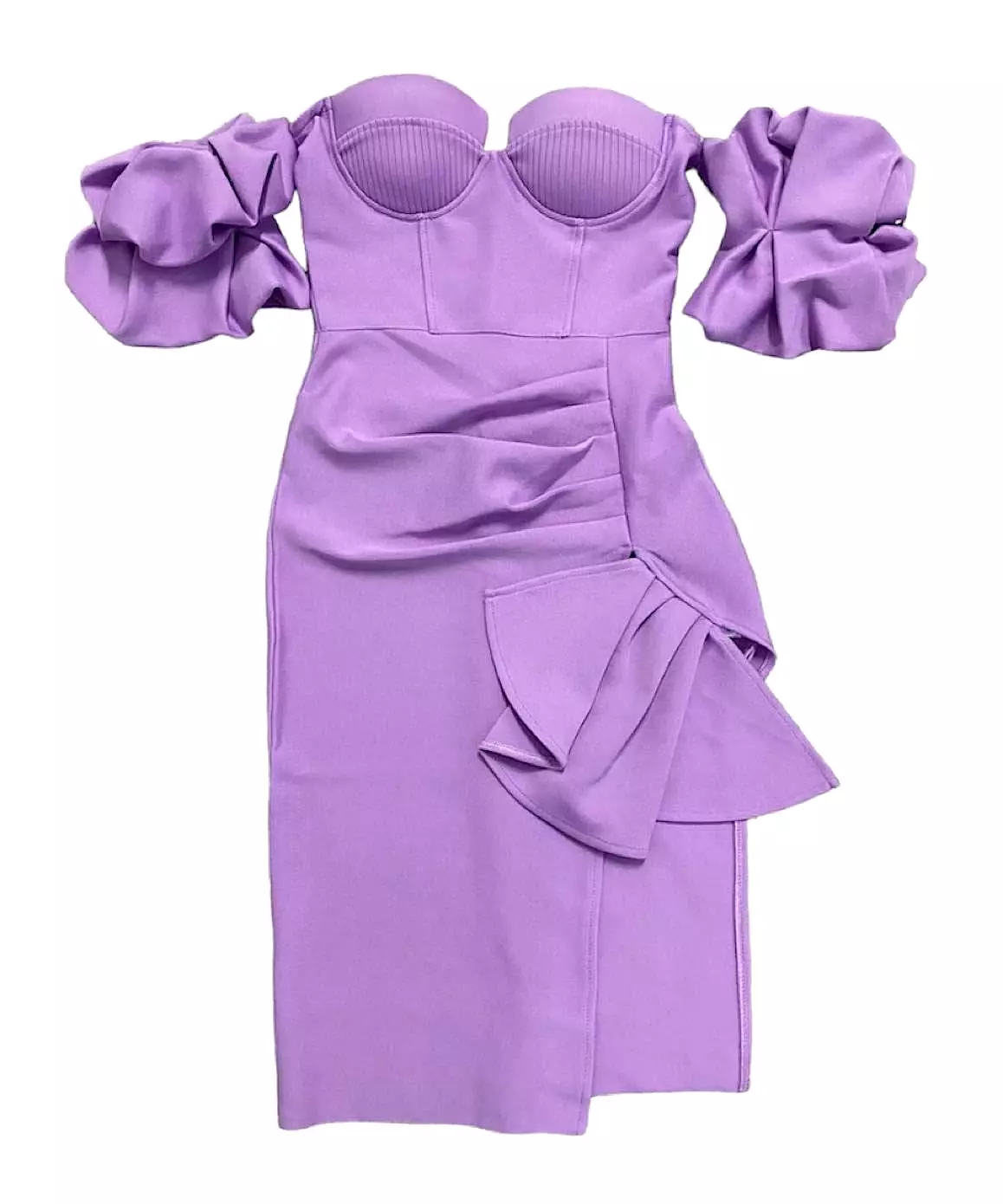 Asymmetrical Puffy Sleeve Midi Dress in Purple