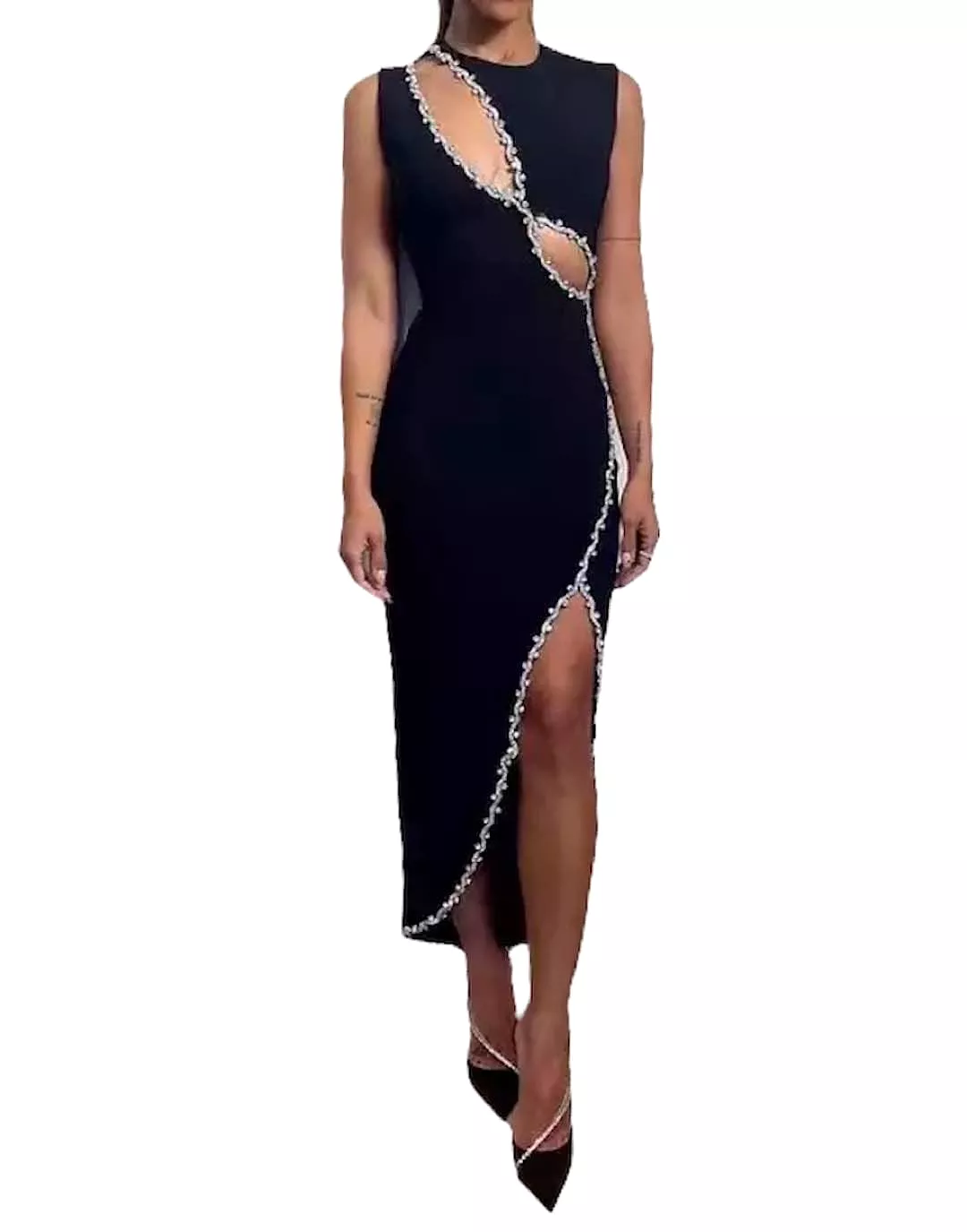 Black Crystal Cutout Midi Dress