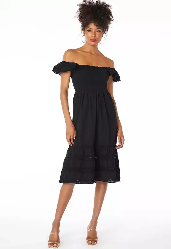 Bobi - Off Shoulder Mix Trim Dress Black