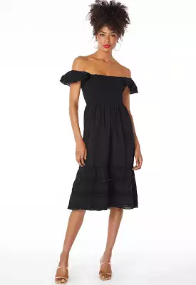 Bobi - Off Shoulder Mix Trim Dress Black