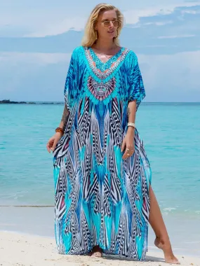 Bohemian Seaside Plus Size Print Kaftan Maxi Dress V Neck Slit Loose Robe Women 2023