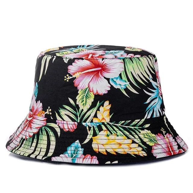 Bucket Hats Reversible Flower Geometric Printing Women Outdoor Hat