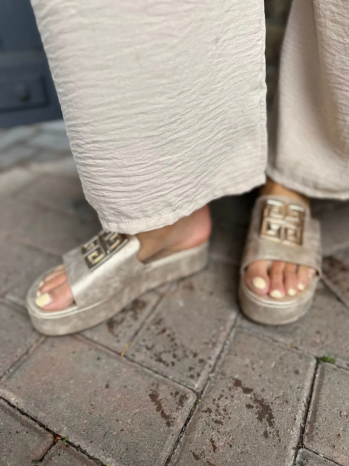 Champagne Greek Key Slip Ons