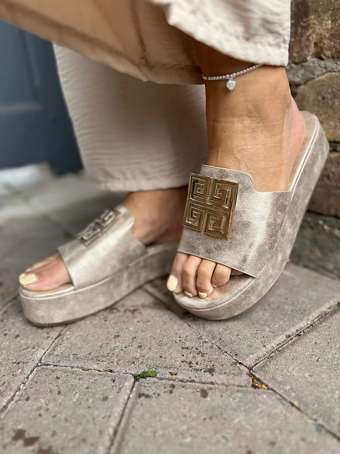 Champagne Greek Key Slip Ons