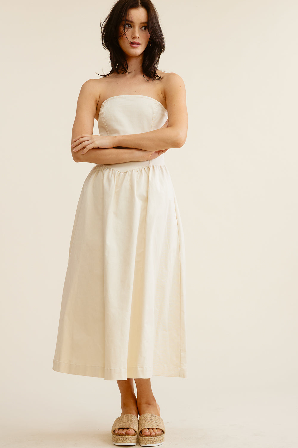 Cream Strapless Midi Dress