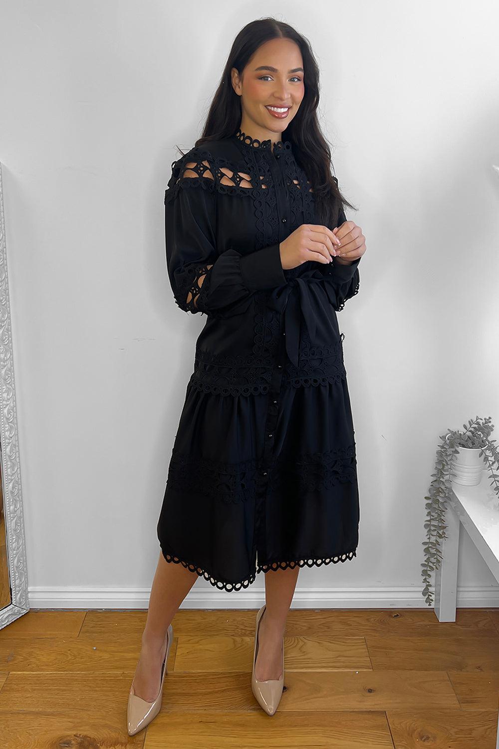 Crochet Lace Waist Tie Midi Dress