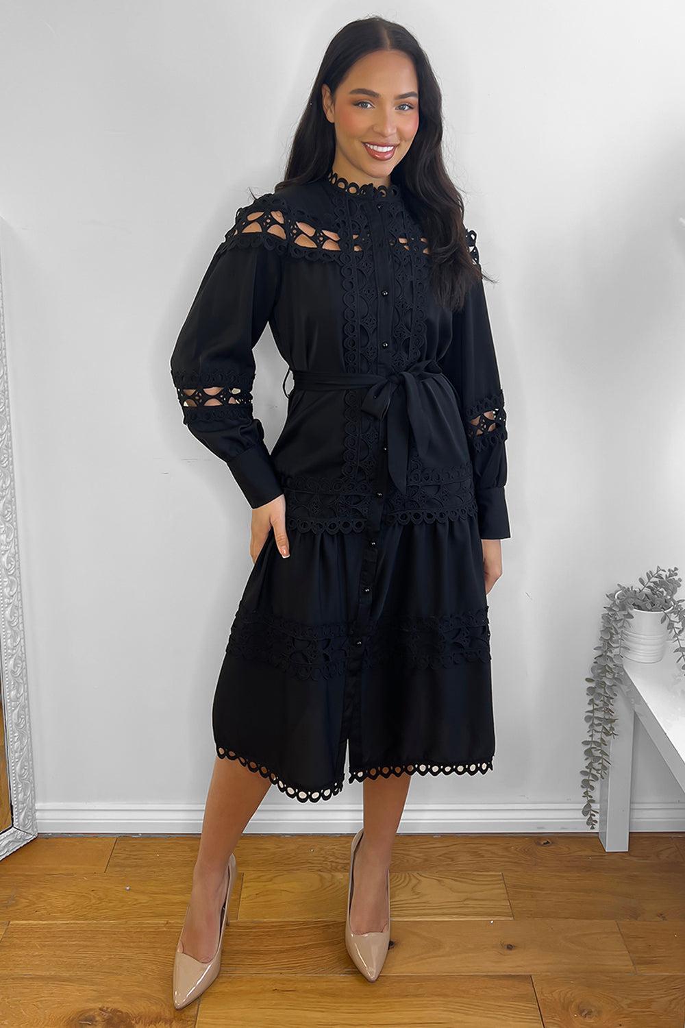 Crochet Lace Waist Tie Midi Dress