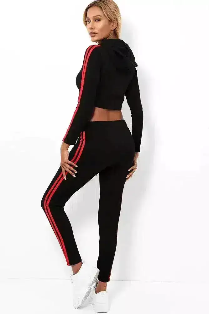 Double Red Stripe Cropped Hoodie Black 2 Piece Tracksuit