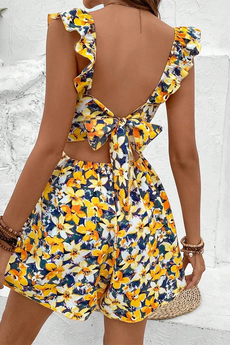 Elegant Floral Frenulum Backless Flounce Square Collar Loose Rompers(4 Colors)