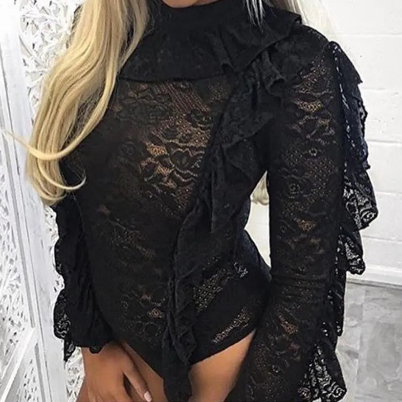 Elegant Overalls Sexy Rompers For Women Black Lace Long Sleeve Bodysuits 2017 Women Clothes Sexy Rompers#121 SM6