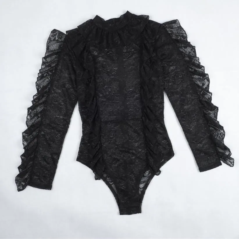 Elegant Overalls Sexy Rompers For Women Black Lace Long Sleeve Bodysuits 2017 Women Clothes Sexy Rompers#121 SM6