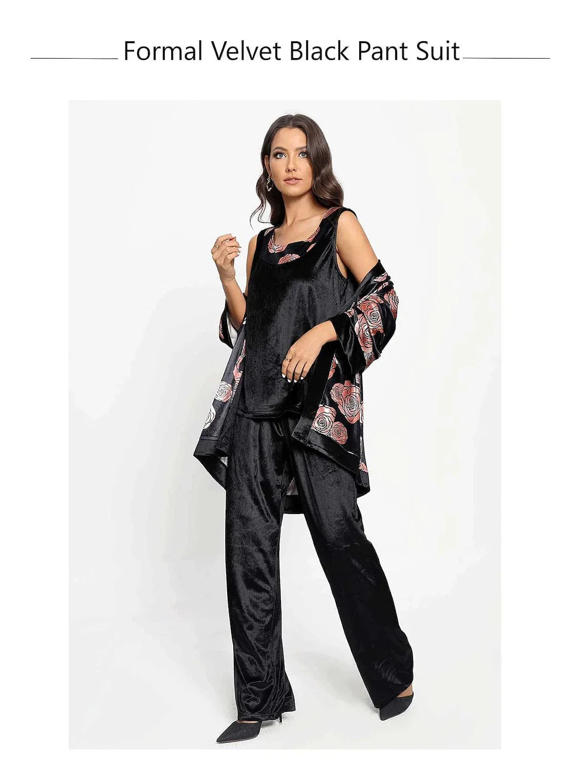 Elegant Pink Floral Patchwork Women's Pants with Round Neck and 3/4 Length Sleeves