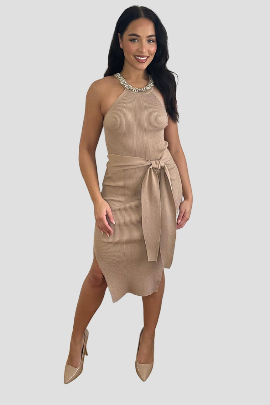 Embellished Halterneck Knitted Midi Dress