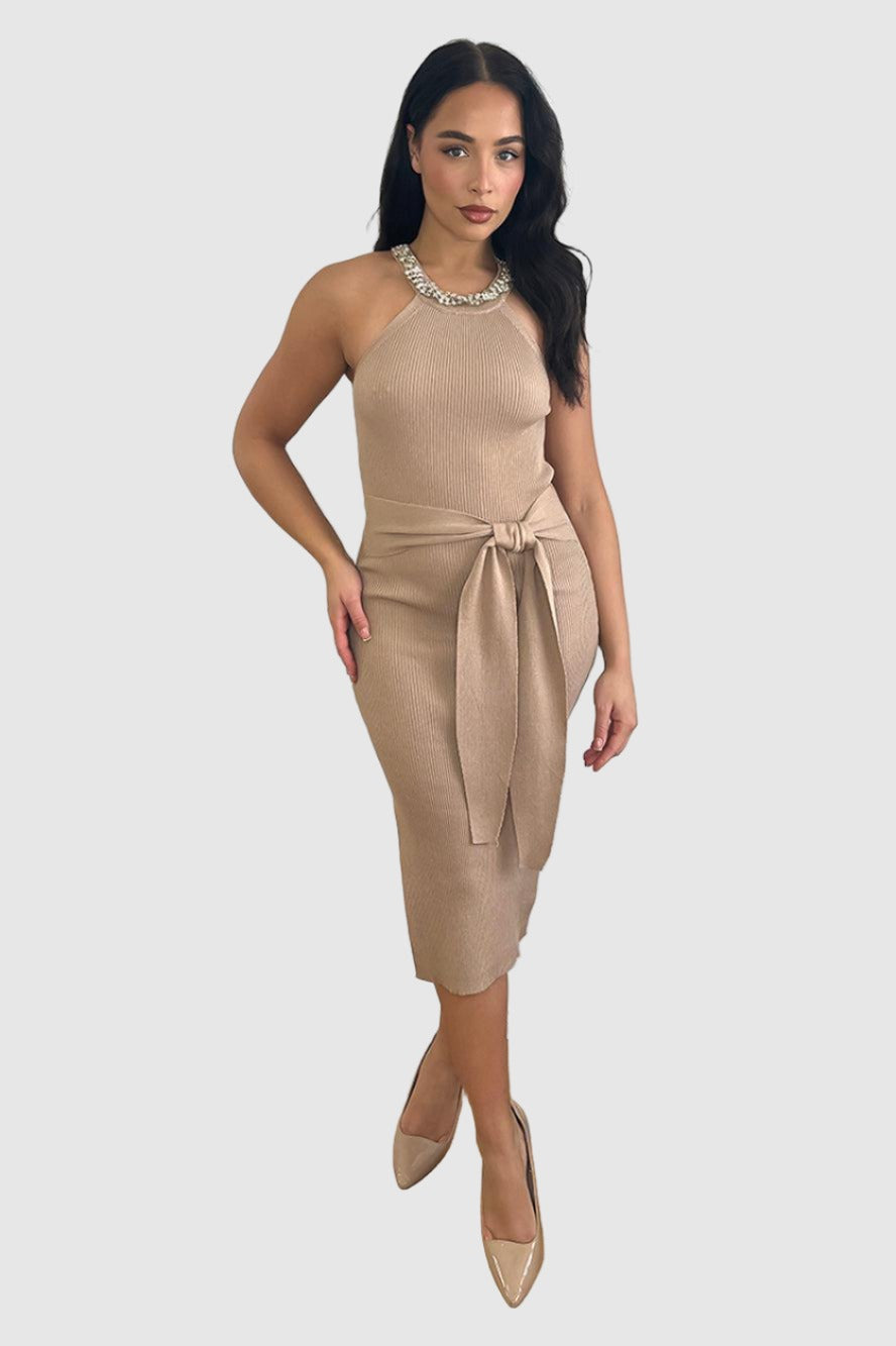 Embellished Halterneck Knitted Midi Dress