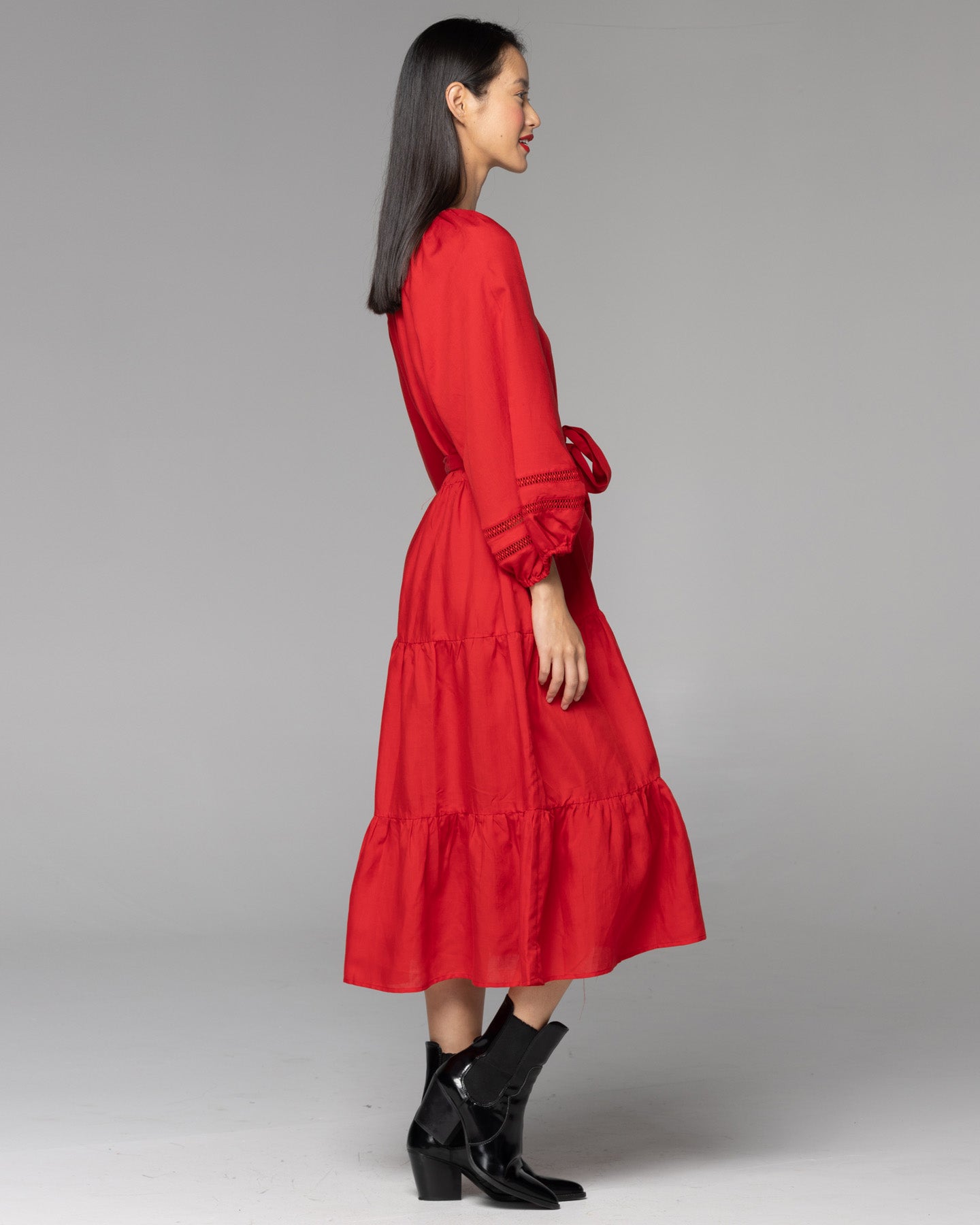 Fate + Becker Faraway Tiered Midi Dress - Cherry Red