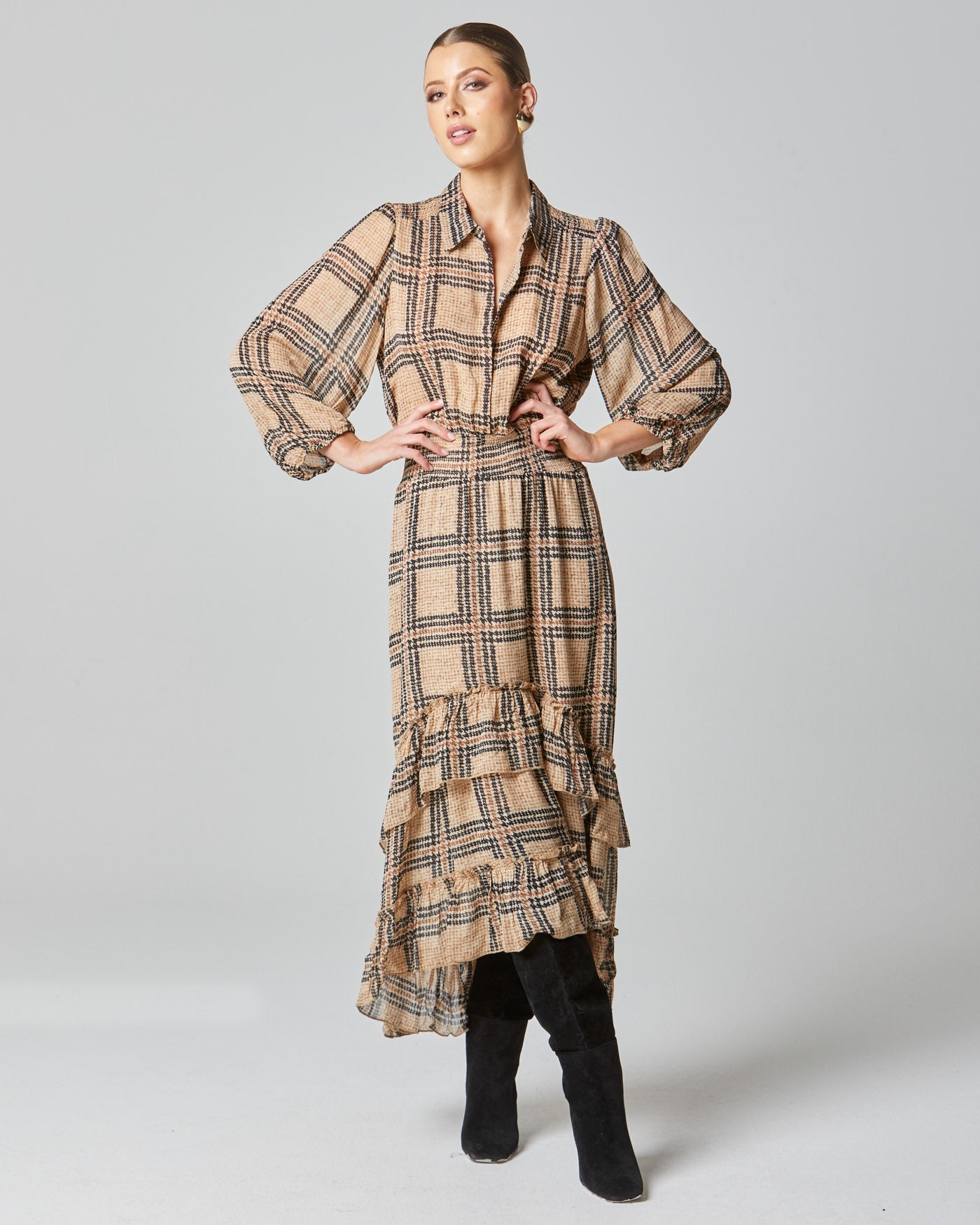 Fate + Becker Something Beautiful Midi Puff Sleeve Shirt Frill Hem Dress - Tan Houndstooth Check