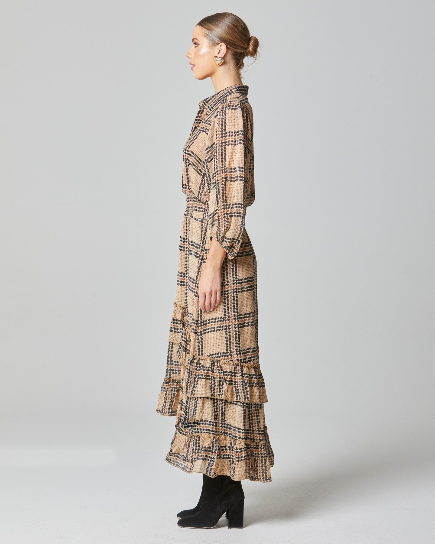 Fate + Becker Something Beautiful Midi Puff Sleeve Shirt Frill Hem Dress - Tan Houndstooth Check