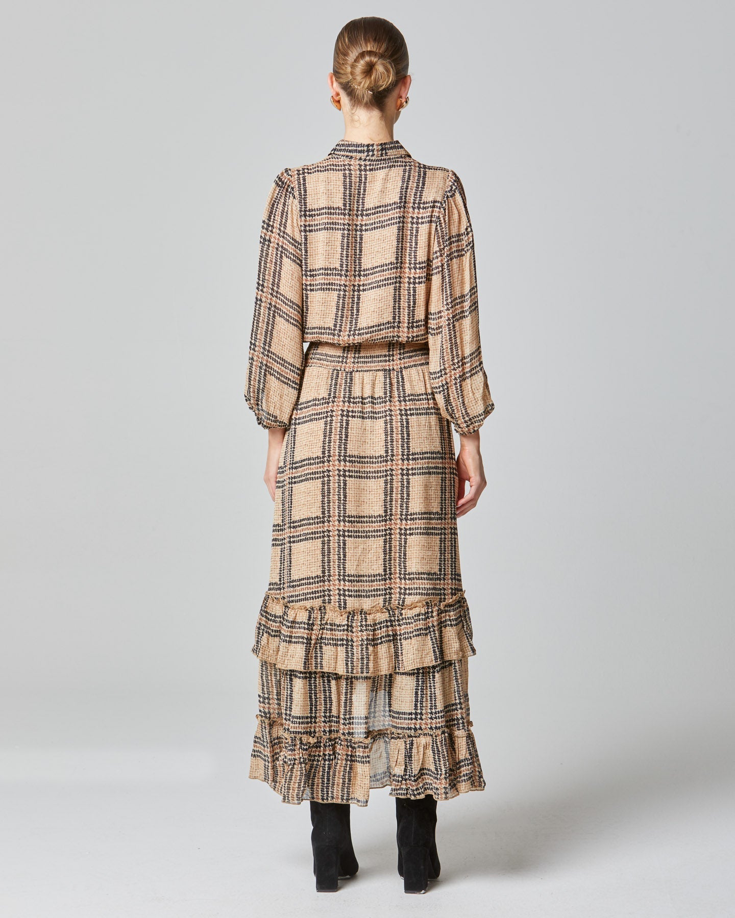 Fate + Becker Something Beautiful Midi Puff Sleeve Shirt Frill Hem Dress - Tan Houndstooth Check