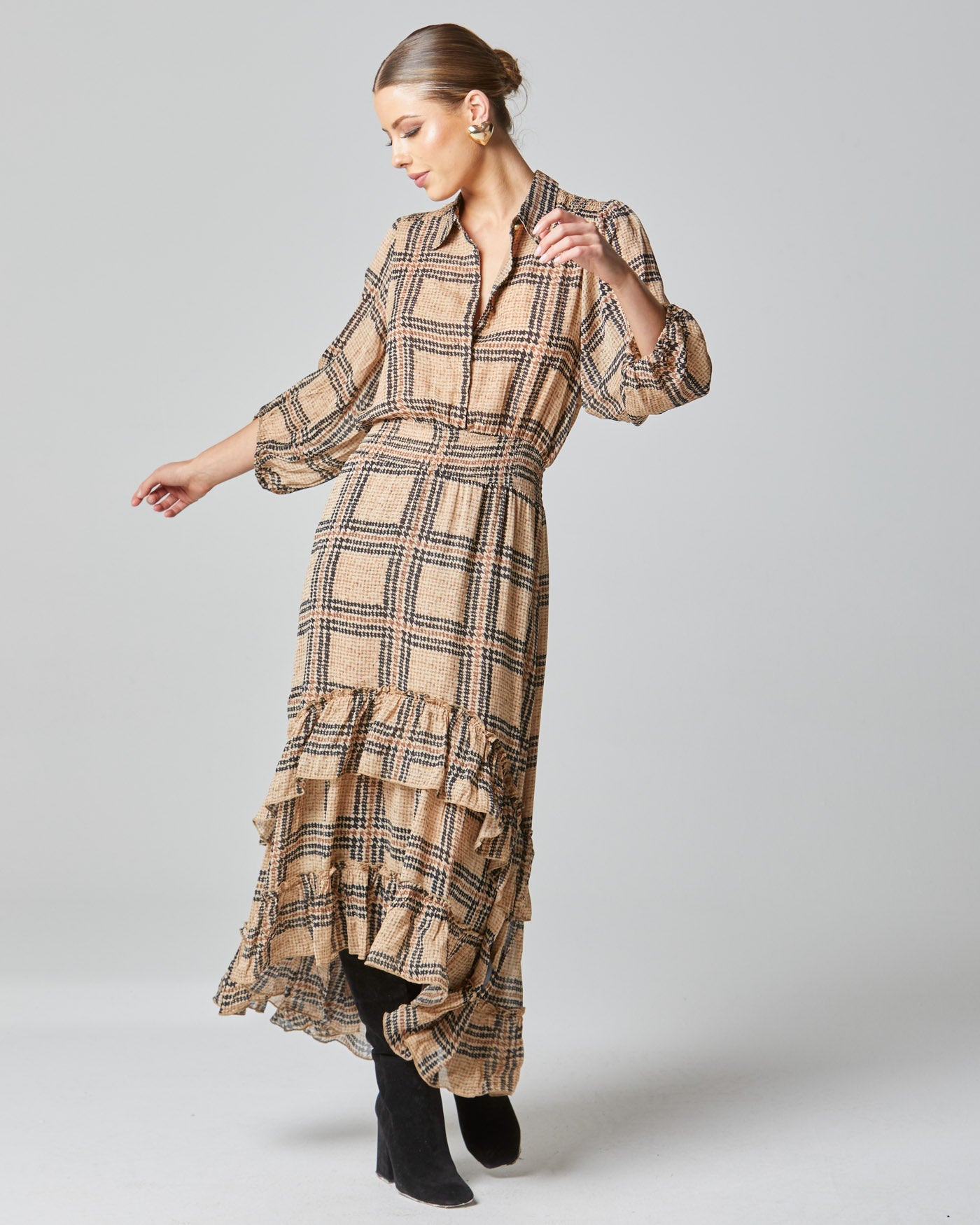 Fate + Becker Something Beautiful Midi Puff Sleeve Shirt Frill Hem Dress - Tan Houndstooth Check