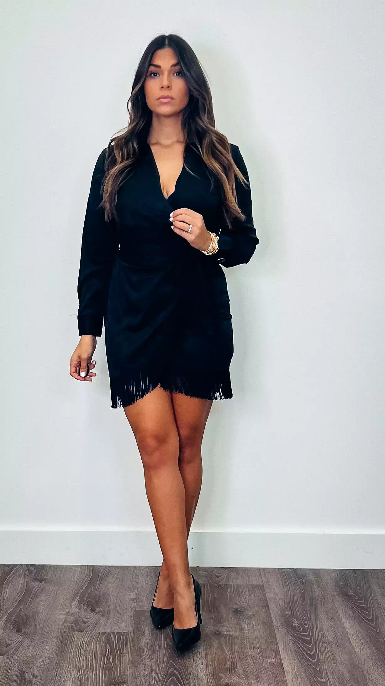 Flamenco Fringed Faux Wrapped Dress Black