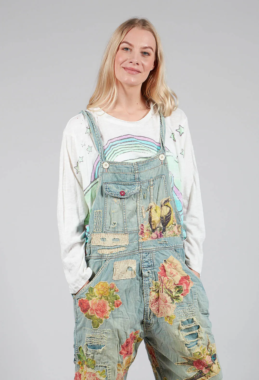 Floral Applique Overalls in Washed Indigo