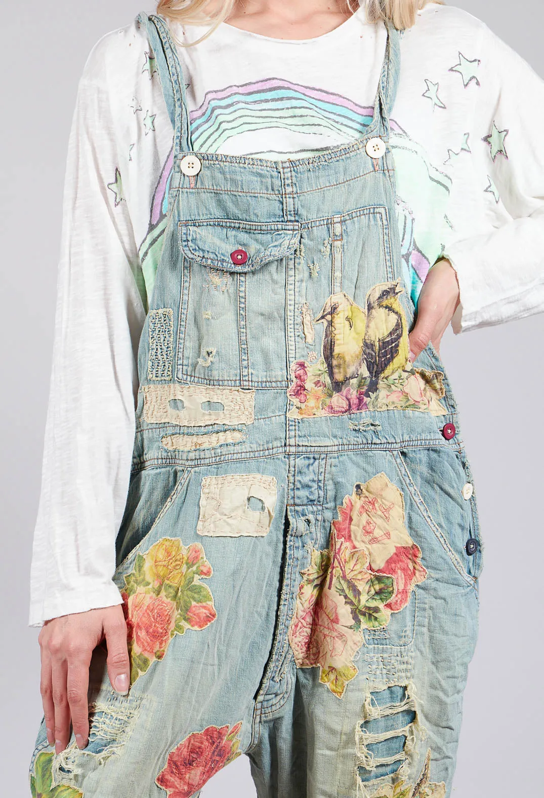 Floral Applique Overalls in Washed Indigo