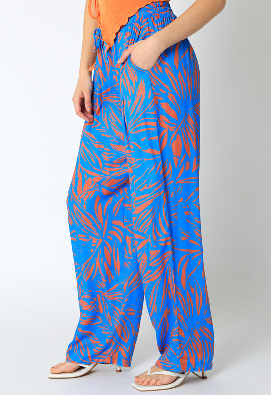 Floral Leaf Print Pant - Blue Orange