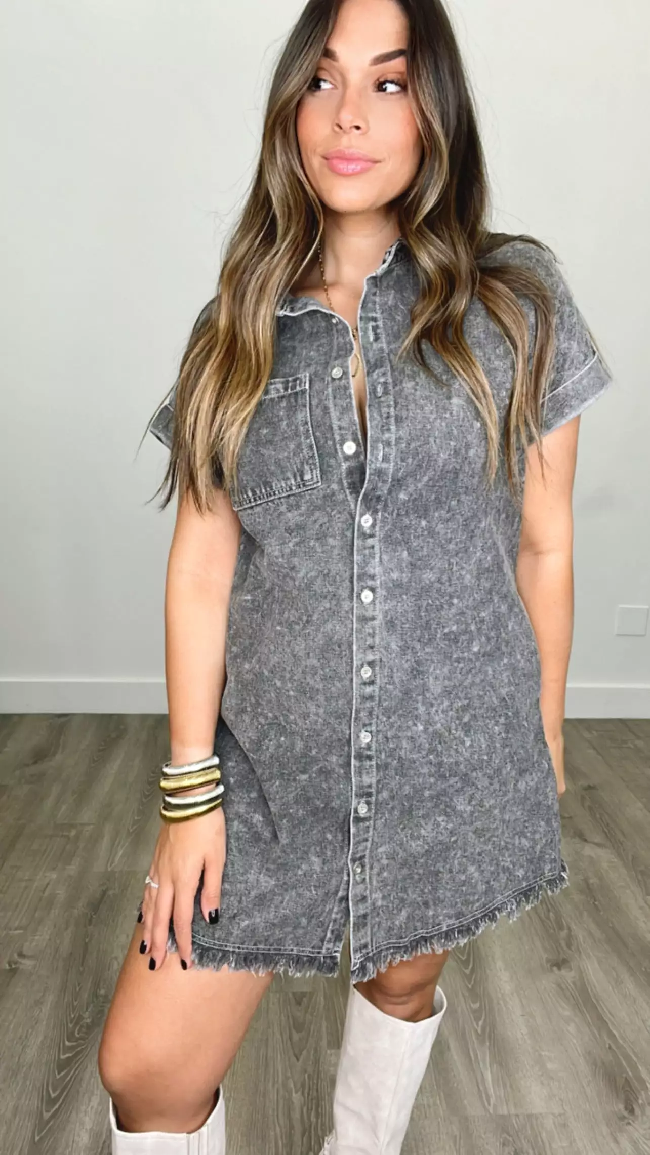 Frayed Denim Shirt Dress Black