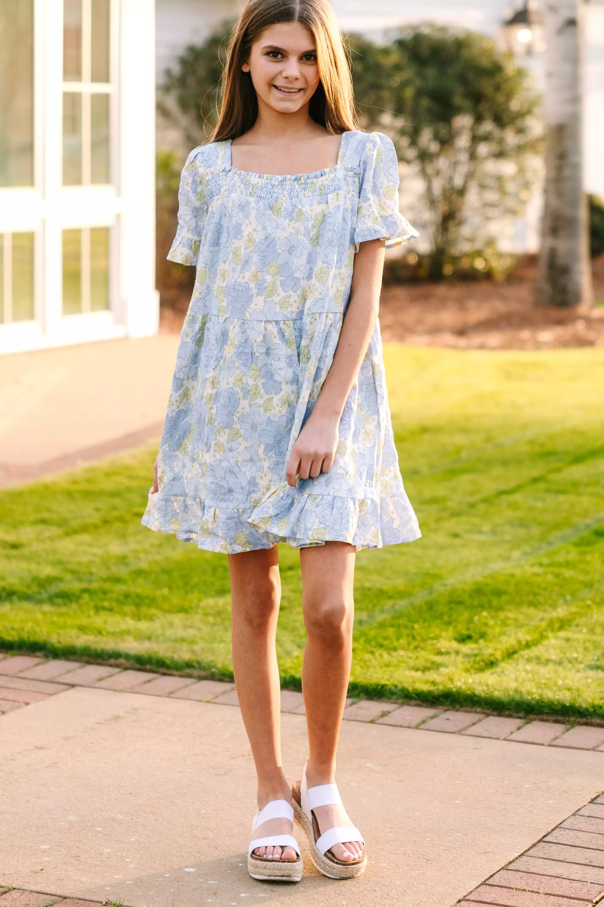 Girls: On The Look Out Light Blue Floral Dress