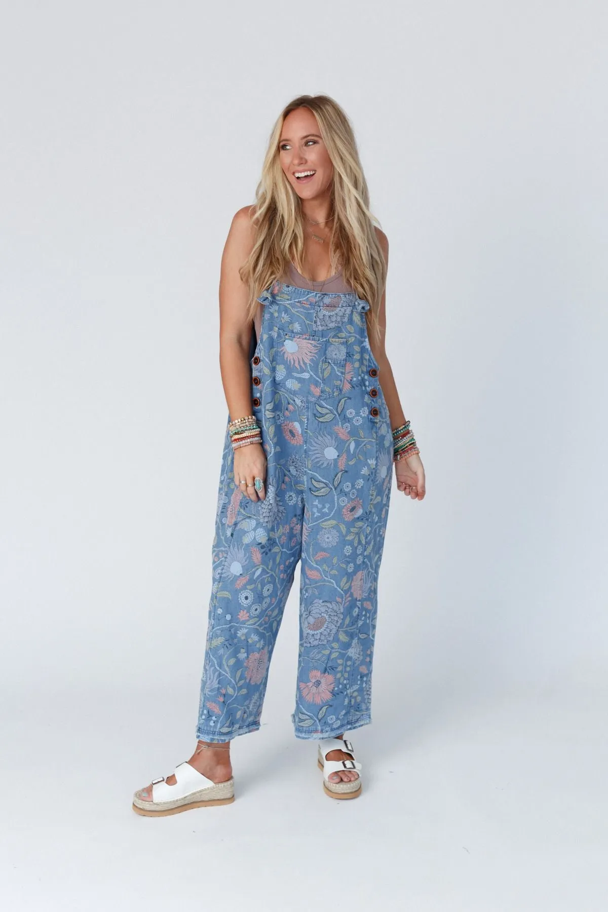 High Hopes Slouchy Denim Overalls - Floral Blue Denim