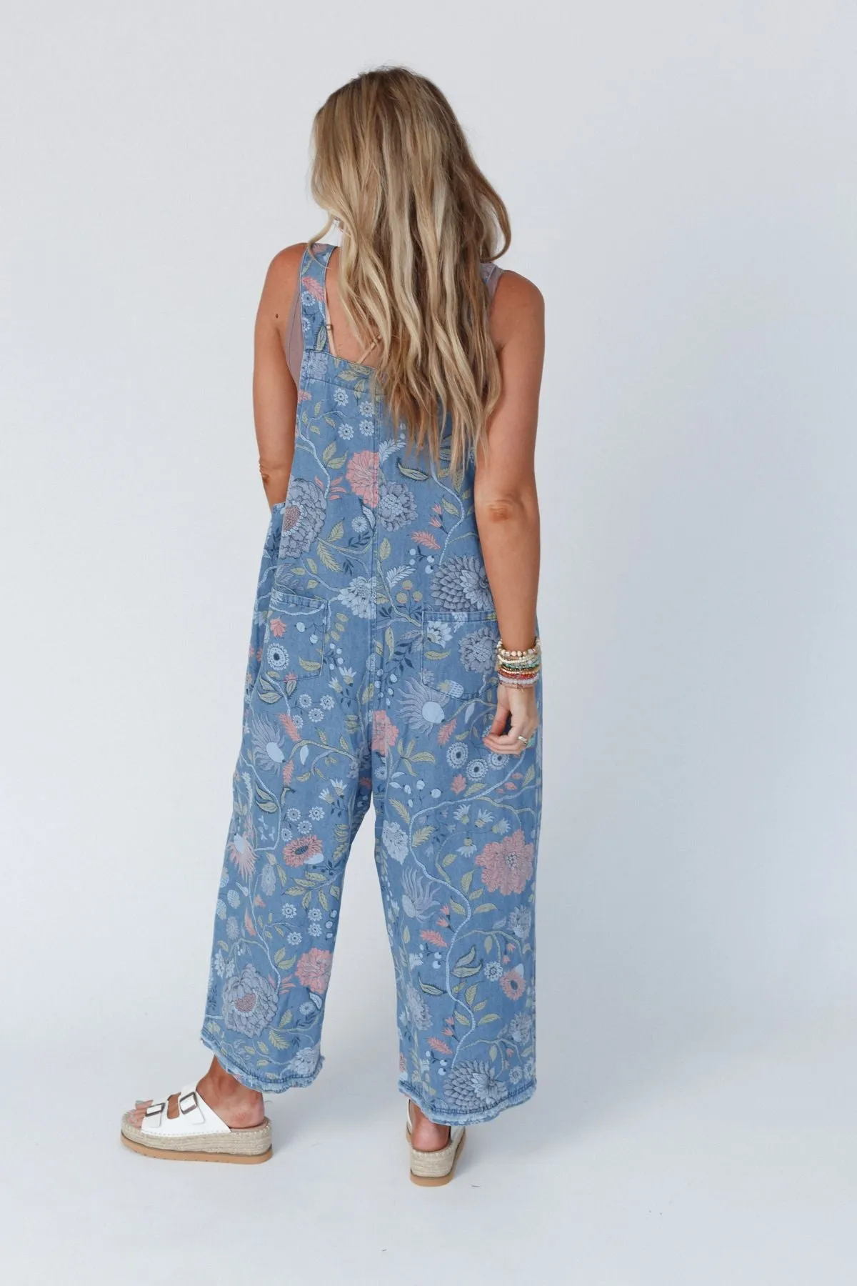 High Hopes Slouchy Denim Overalls - Floral Blue Denim