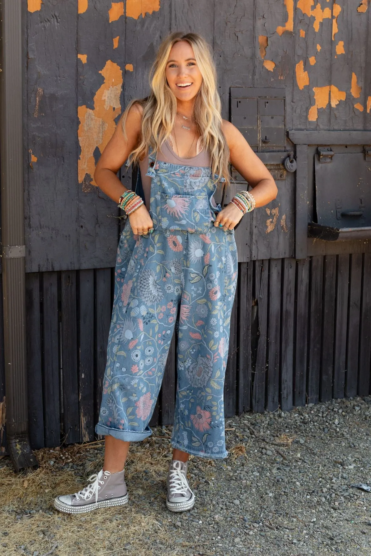 High Hopes Slouchy Denim Overalls - Floral Blue Denim