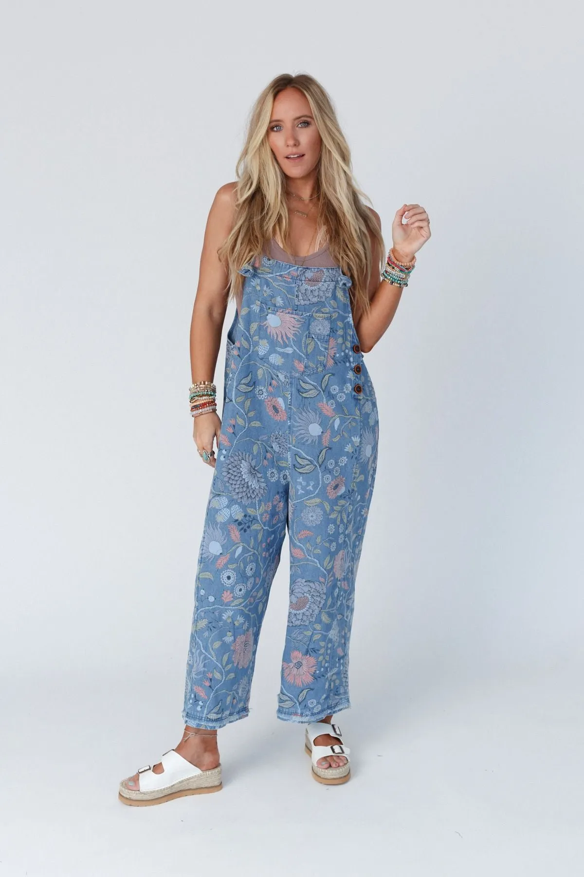 High Hopes Slouchy Denim Overalls - Floral Blue Denim