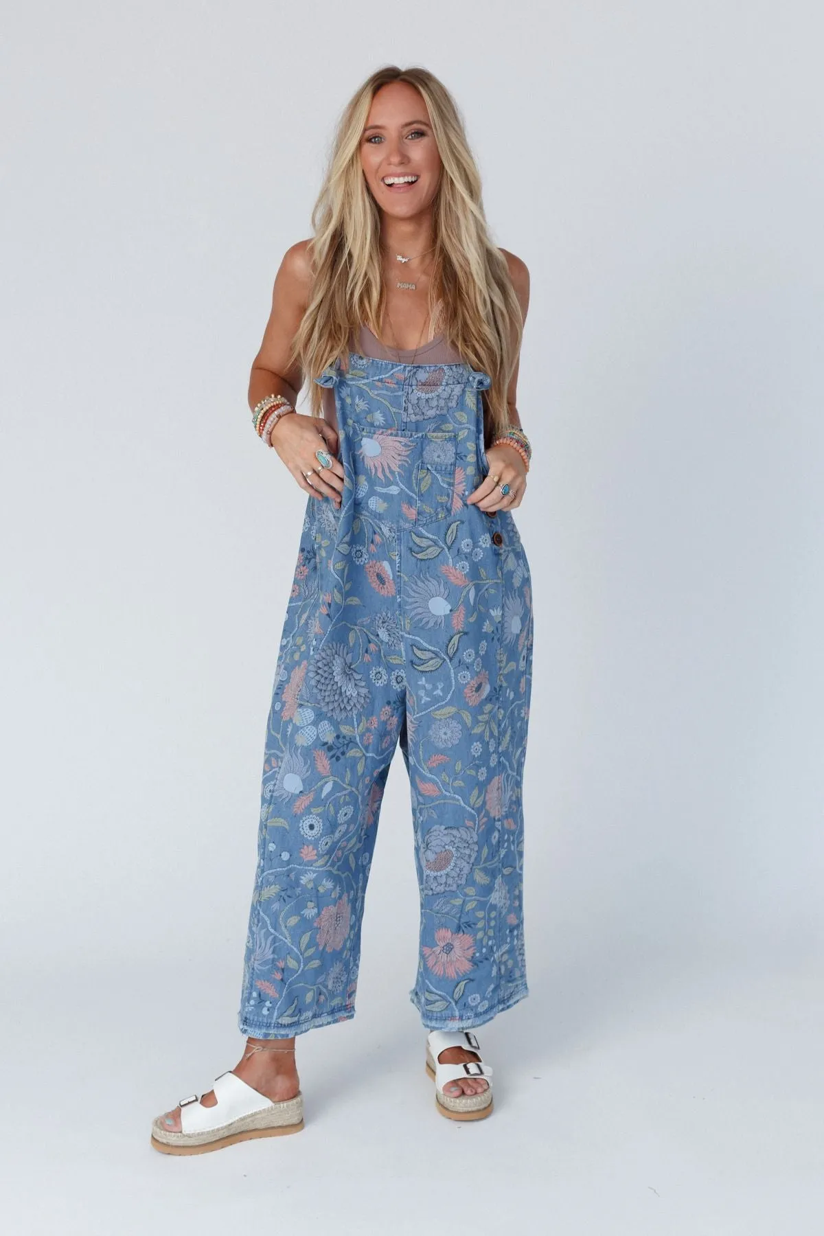 High Hopes Slouchy Denim Overalls - Floral Blue Denim