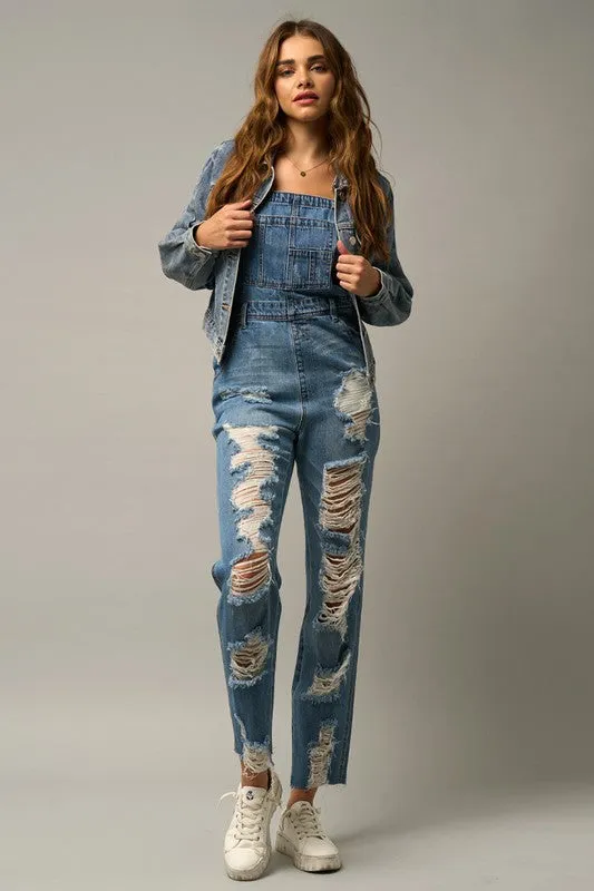 High Waist Heavy Distressed Straight Overalls