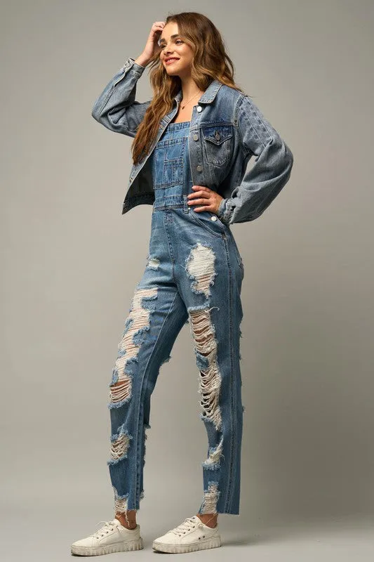 High Waist Heavy Distressed Straight Overalls