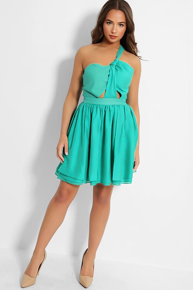 Jade Green One Shoulder Cut Out Layered Mini Dress