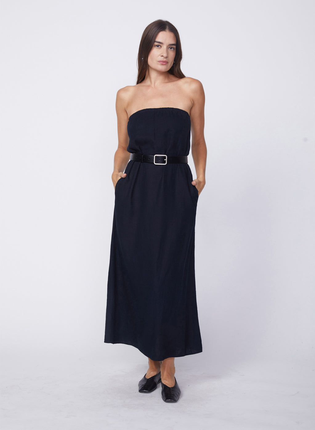 Linen Column Maxi Dress in New Navy