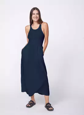 Linen Racerback Mix Media Midi Dress in New Navy