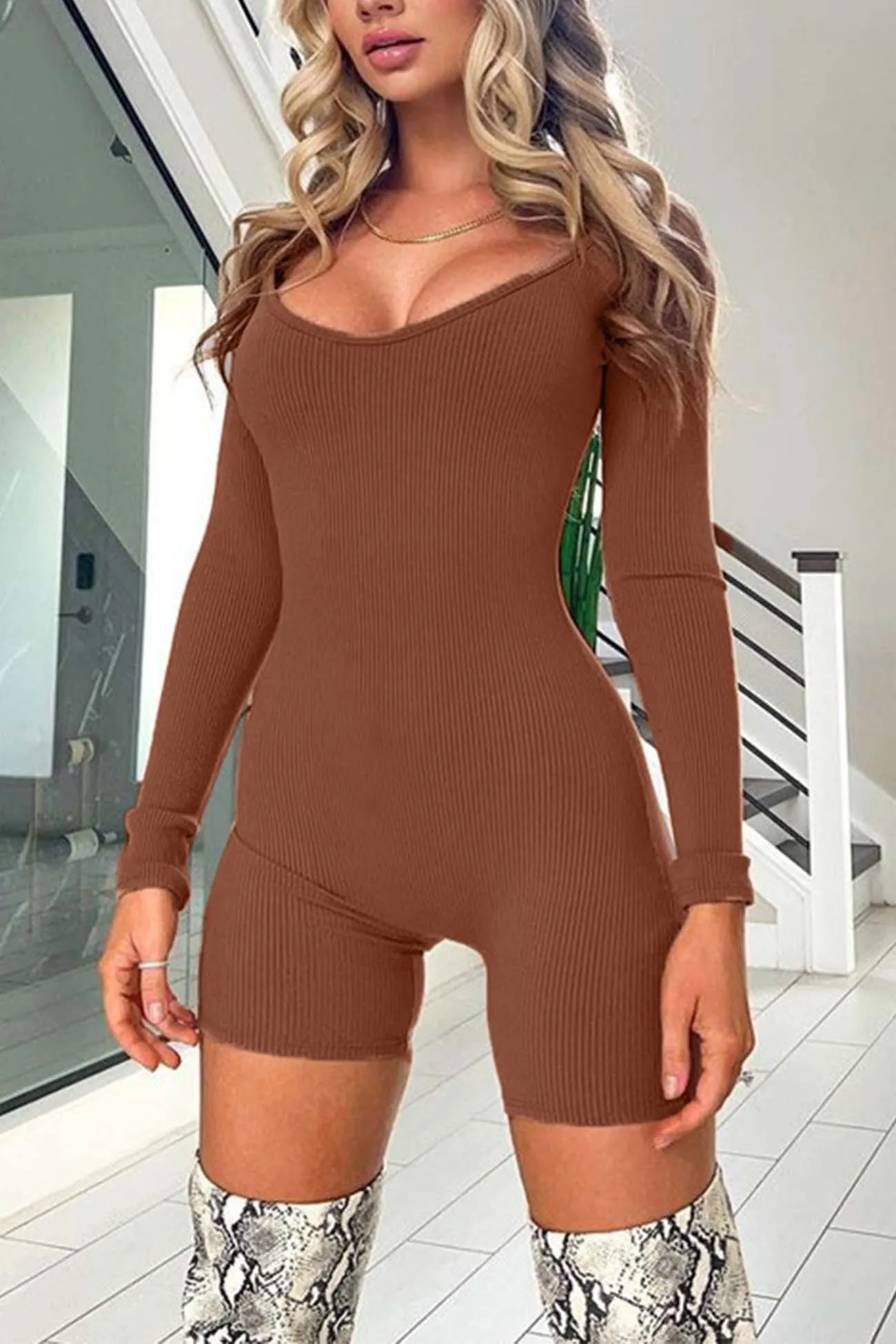 Long Sleeve U Neck Bodycon Rompers