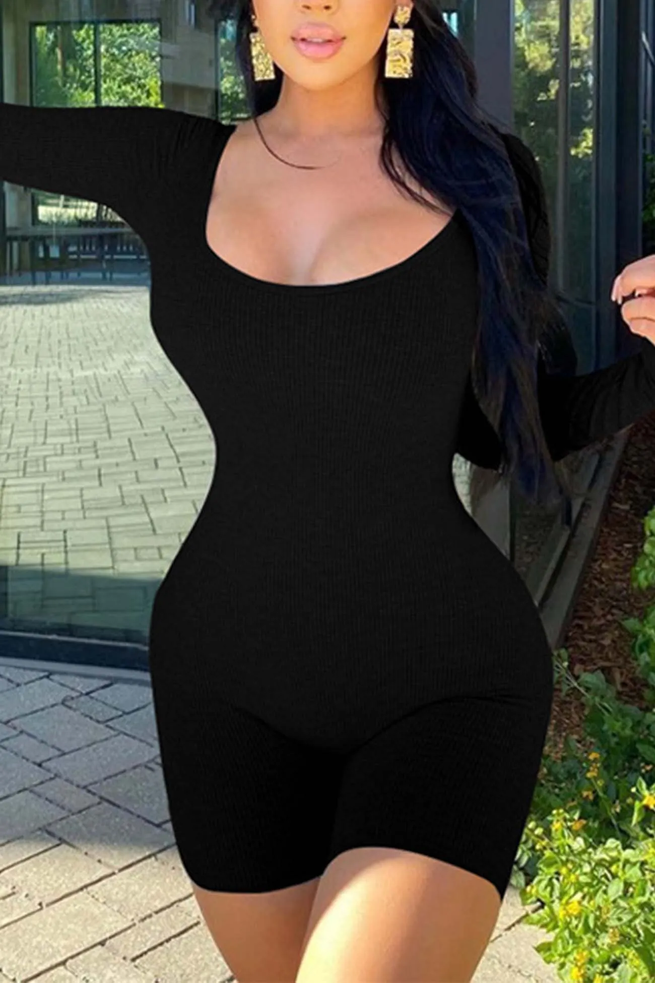 Long Sleeve U Neck Bodycon Rompers