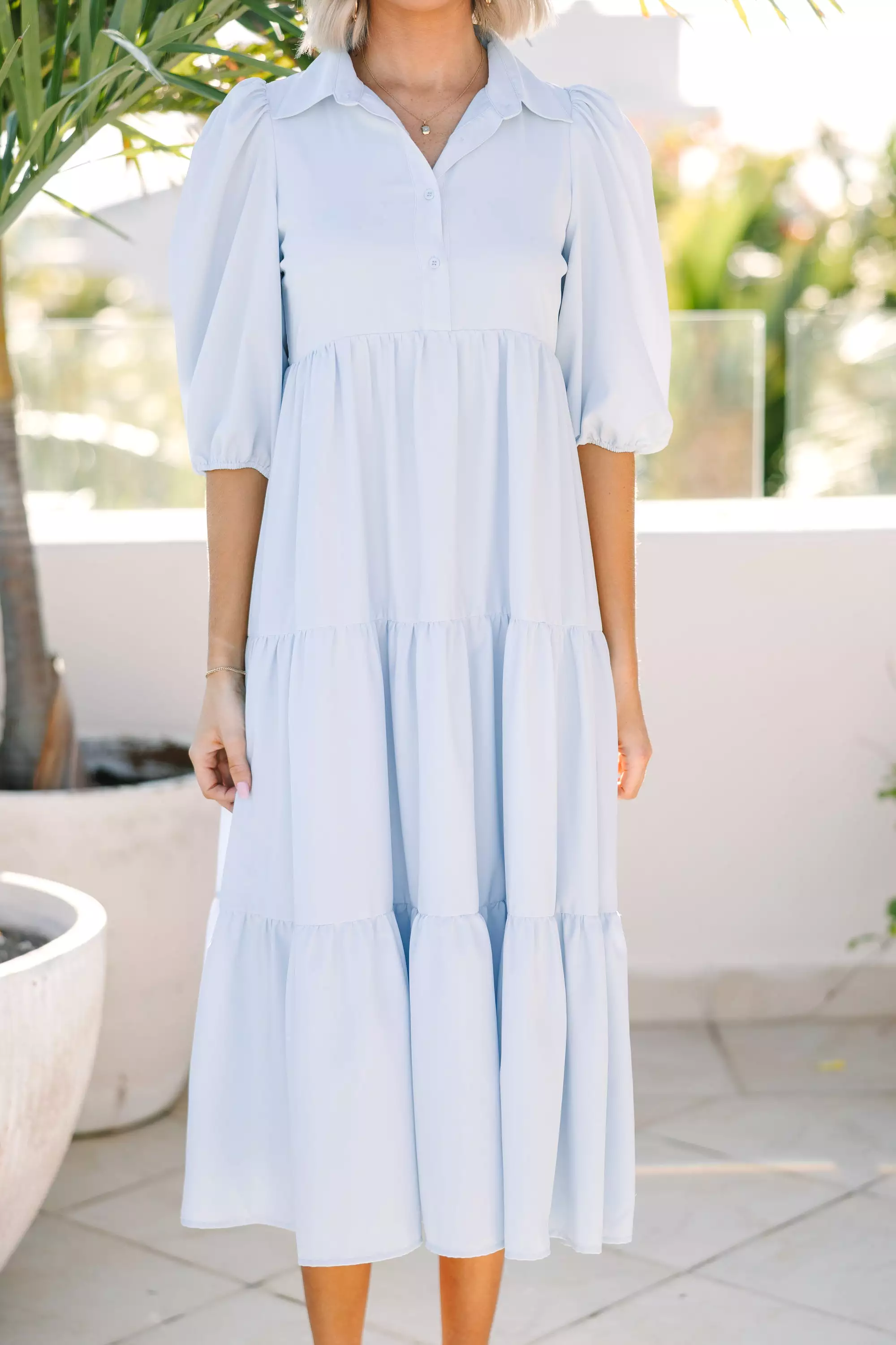 Love Found Light Blue Tiered Midi Dress