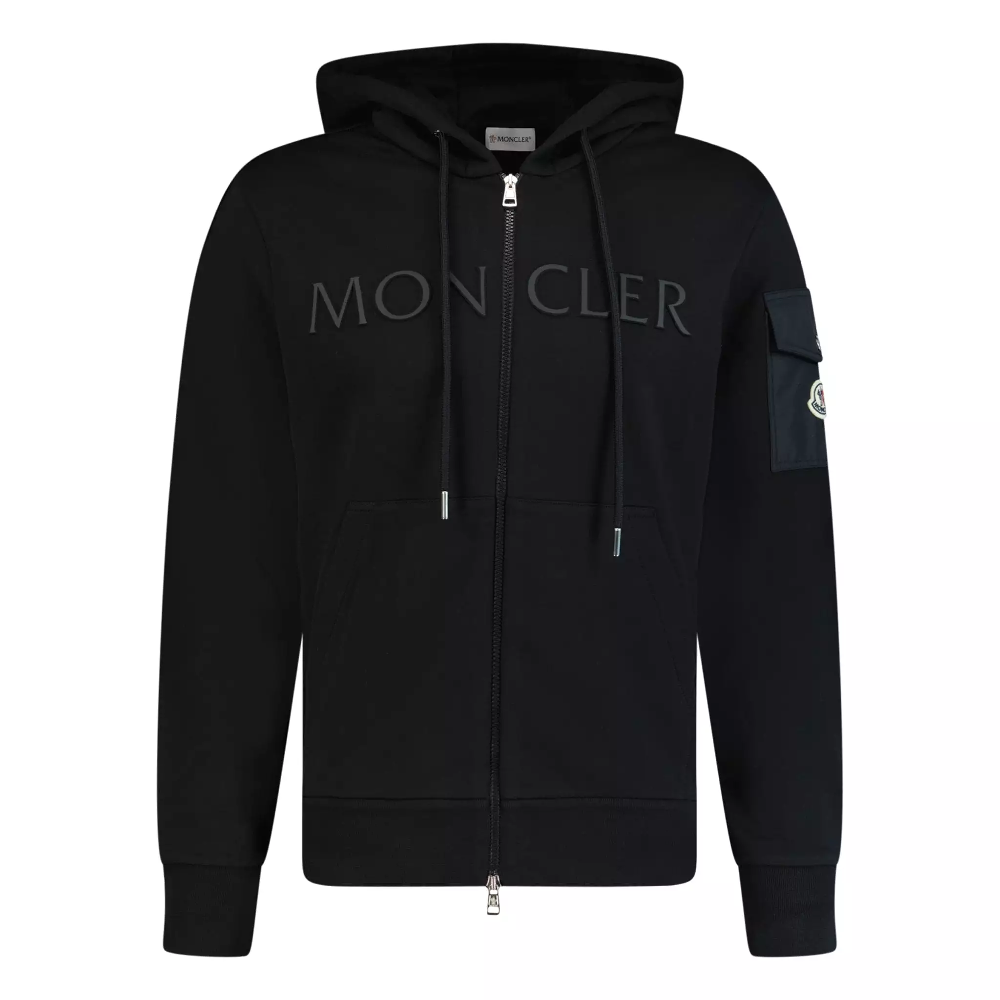 MONCLER LOGO PATCH ZIP FRONT HOODIE BLACK