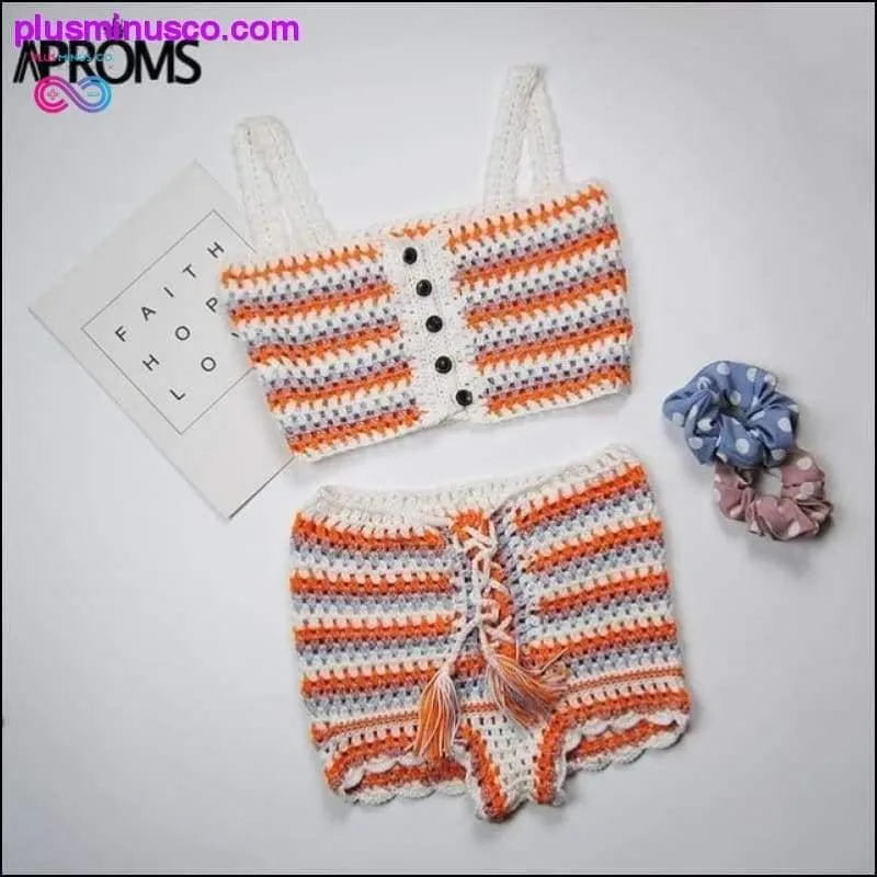 Multi Color Knitted Crochet Crop Top and Shorts Summer Beach