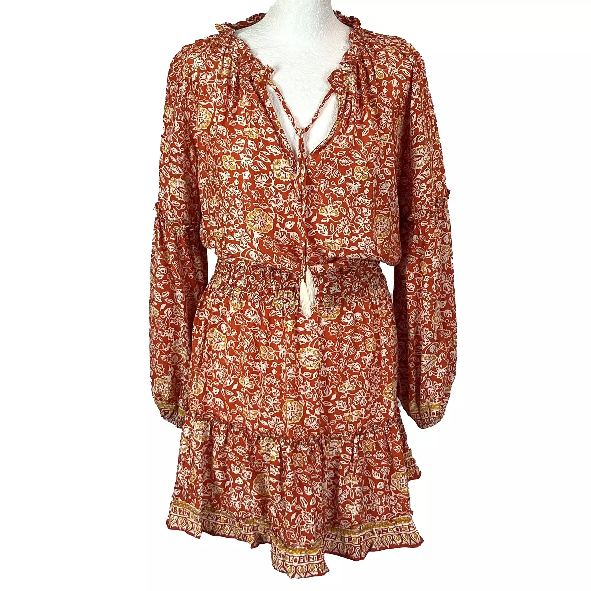 Natalie Martin Brand New Burnt Orange Floral Print Silk Midi Dress M