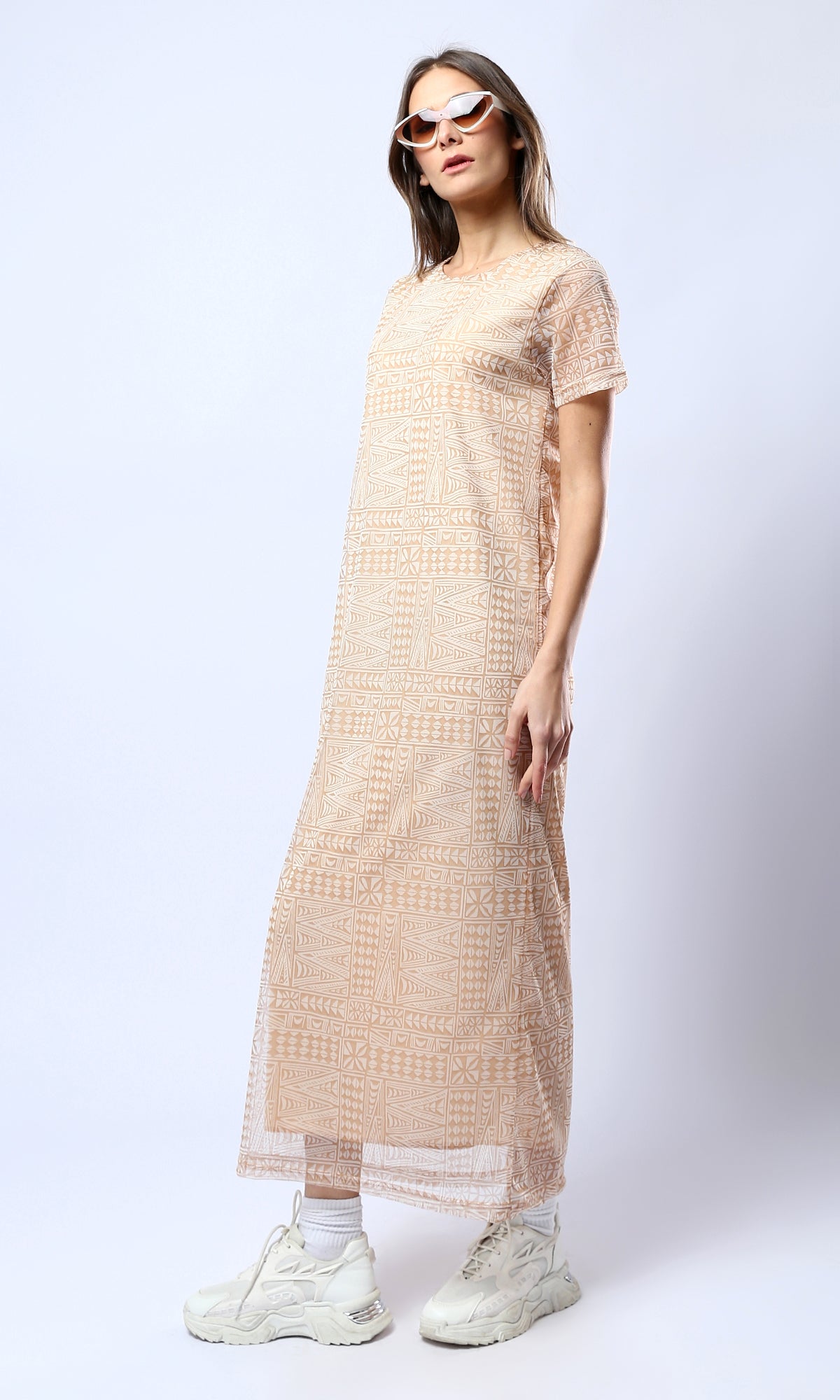 O178301 Wide Round Neck Patterned Camel & White Midi Dress