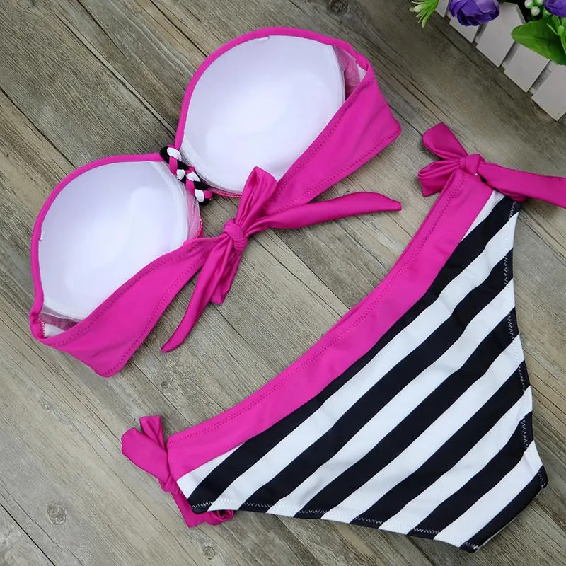 Plus Size Striped Two-piece Beachwear Bikinis Swim Set for Women